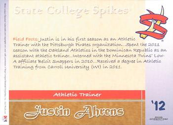 2012 Grandstand State College Spikes #NNO Justin Ahrens Back