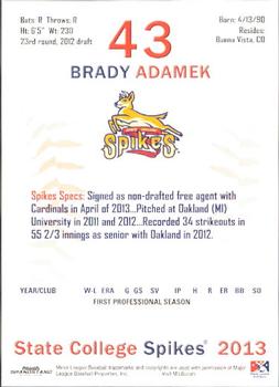 2013 Grandstand State College Spikes #1 Brady Adamek Back