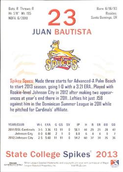 2013 Grandstand State College Spikes #2 Juan Bautista Back
