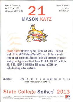 2013 Grandstand State College Spikes #12 Mason Katz Back