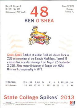 2013 Grandstand State College Spikes #19 Ben O'Shea Back