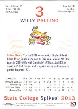 2013 Grandstand State College Spikes #21 Willy Paulino Back