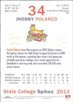 2013 Grandstand State College Spikes #25 Jhonny Polanco Back
