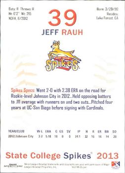 2013 Grandstand State College Spikes #27 Jeff Rauh Back