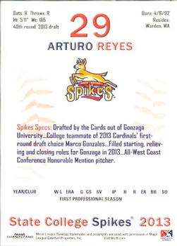 2013 Grandstand State College Spikes #29 Arturo Reyes Back