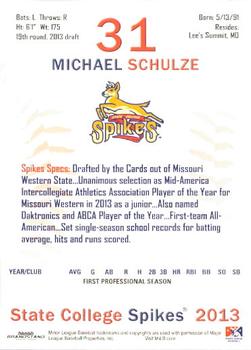 2013 Grandstand State College Spikes #31 Michael Schulze Back
