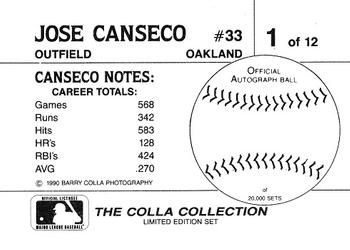 1990 The Colla Collection Limited Edition Jose Canseco #1 Jose Canseco Back
