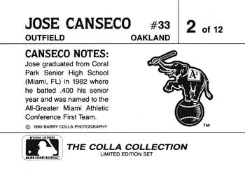 1990 The Colla Collection Limited Edition Jose Canseco #2 Jose Canseco Back