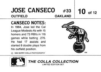 1990 The Colla Collection Limited Edition Jose Canseco #10 Jose Canseco Back