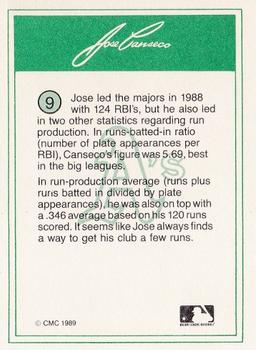 1989 CMC Jose Canseco #9 Jose Canseco Back