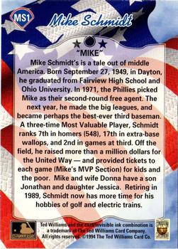 1994 Ted Williams - Mike Schmidt: Schmidt #MS1 Mike Schmidt Back