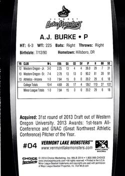 2014 Choice Vermont Lake Monsters #4 A.J. Burke Back