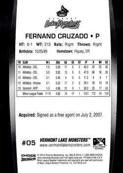 2014 Choice Vermont Lake Monsters #5 Fernando Cruzado Back
