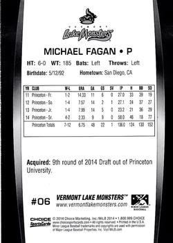 2014 Choice Vermont Lake Monsters #6 Michael Fagan Back