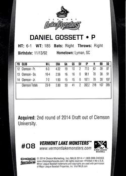 2014 Choice Vermont Lake Monsters #8 Daniel Gossett Back