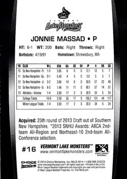 2014 Choice Vermont Lake Monsters #16 Jonnie Massad Back