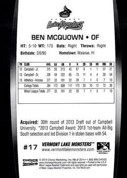 2014 Choice Vermont Lake Monsters #17 Ben McQuown Back