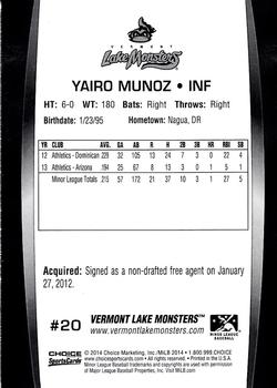 2014 Choice Vermont Lake Monsters #20 Yairo Munoz Back