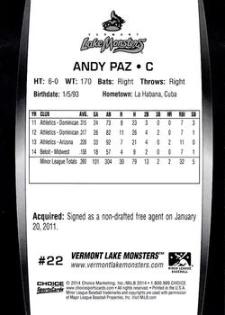 2014 Choice Vermont Lake Monsters #22 Andy Paz Back