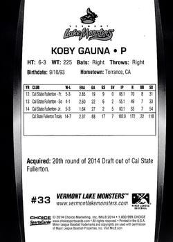 2014 Choice Vermont Lake Monsters #33 Koby Gauna Back