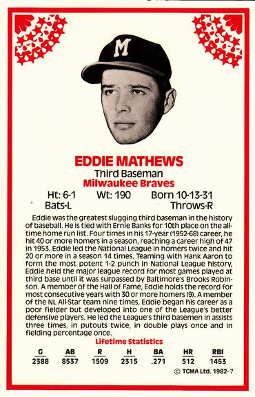 1982 TCMA Stars of the 50's #7 Eddie Mathews Back
