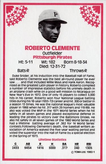 1982 TCMA Stars of the 50's #1 Roberto Clemente Back