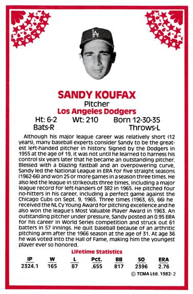 1982 TCMA Stars of the 50's #2 Sandy Koufax Back