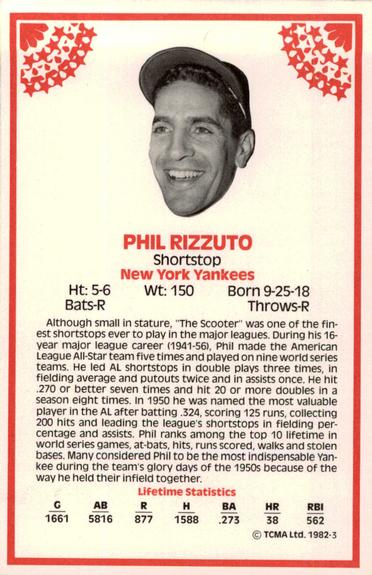 1982 TCMA Stars of the 50's #3 Phil Rizzuto Back