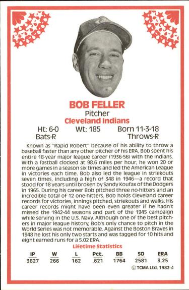 1982 TCMA Stars of the 50's #4 Bob Feller Back