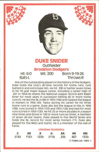 1982 TCMA Stars of the 50's #5 Duke Snider Back