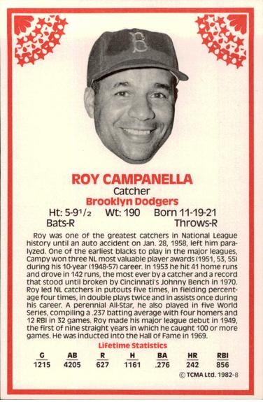1982 TCMA Stars of the 50's #8 Roy Campanella Back
