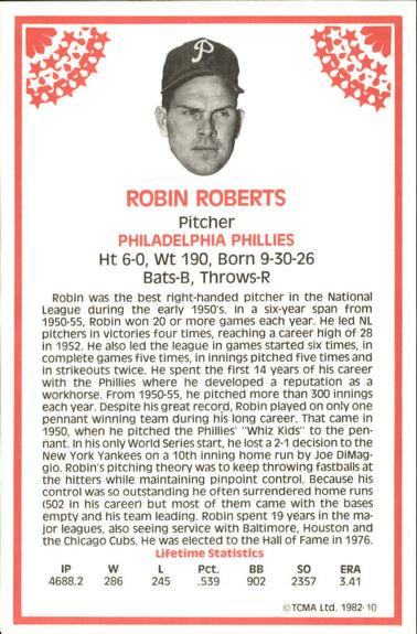 1982 TCMA Stars of the 50's #10 Robin Roberts Back