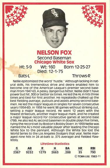 1982 TCMA Stars of the 50's #11 Nelson Fox Back