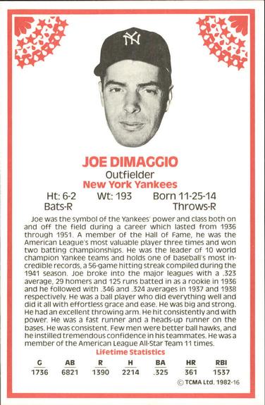 1982 TCMA Stars of the 50's #16 Joe DiMaggio Back