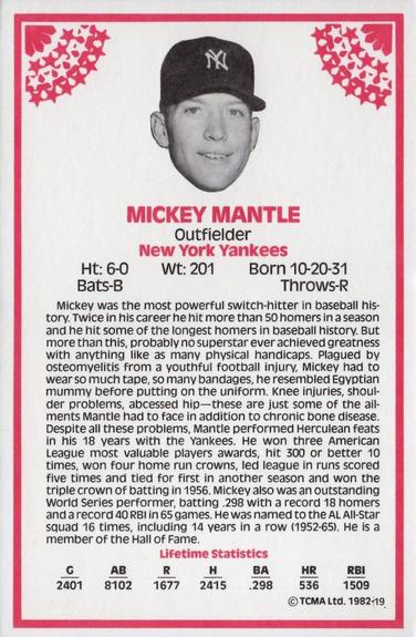 1982 TCMA Stars of the 50's #19 Mickey Mantle Back
