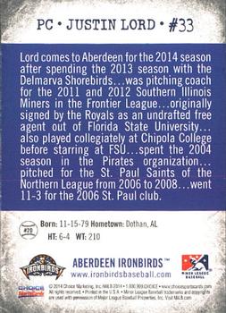 2014 Choice Aberdeen IronBirds #20 Justin Lord Back