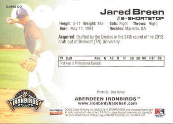 2013 Choice Aberdeen IronBirds #03 Jared Breen Back