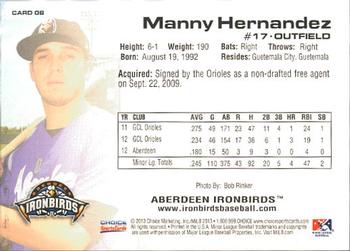 2013 Choice Aberdeen IronBirds #08 Manny Hernandez Back