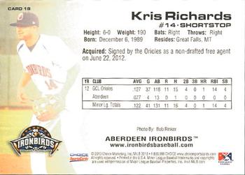 2013 Choice Aberdeen IronBirds #18 Kris Richards Back