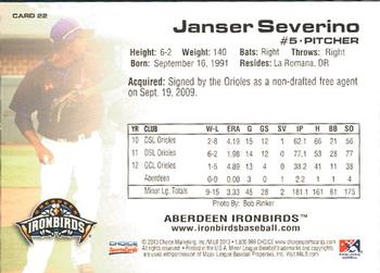 2013 Choice Aberdeen IronBirds #22 Janser Severino Back