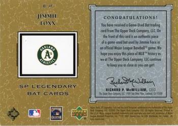 2001 SP Legendary Cuts - Game Bat #B-JF Jimmie Foxx Back