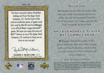 2001 SP Legendary Cuts - Game Bat Combo #MO-JD Mel Ott / Joe DiMaggio Back