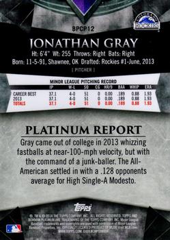2014 Bowman Platinum - Chrome Prospects Refractors #BPCP12 Jonathan Gray Back