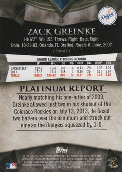 2014 Bowman Platinum - Gold #57 Zack Greinke Back