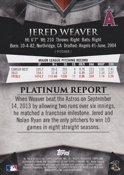 2014 Bowman Platinum - Gold #74 Jered Weaver Back
