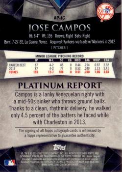 2014 Bowman Platinum - Prospect Autographs #AP-JC Jose Campos Back