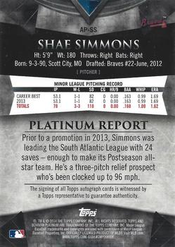 2014 Bowman Platinum - Prospect Autographs Blue Refractors #AP-SS Shae Simmons Back