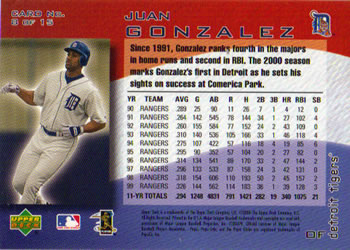 2000 Upper Deck Pepsi Detroit Tigers #8 Juan Gonzalez Back