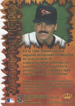 1997 Pacific Prism Invincible - Sizzling Lumber #SL-1B Rafael Palmeiro Back