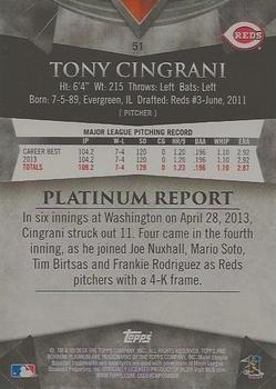 2014 Bowman Platinum - Sapphire #51 Tony Cingrani Back